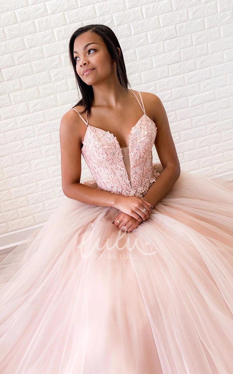 Simple A-Line Tulle Formal Dress with Appliques and Lace-Up Back