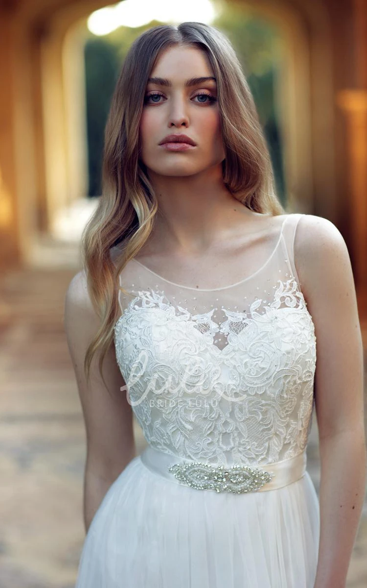 Appliqued Tulle A-Line Wedding Dress Sleeveless Scoop Floor-Length Waist Jewellery Pleats