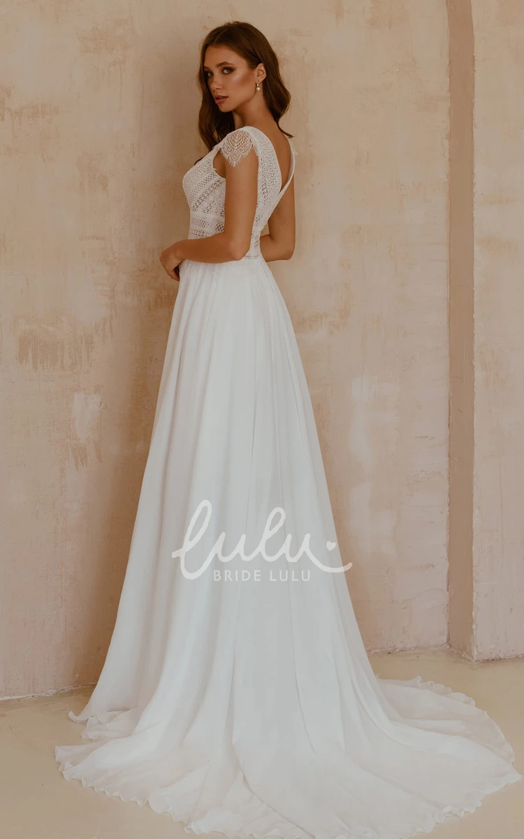Bohemian Chiffon Lace A-Line Wedding Dress with V-Neck & Short Sleeves