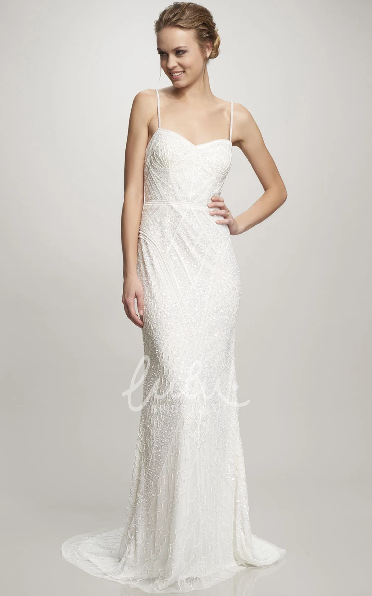 Beaded Chiffon Spaghetti Wedding Dress Maxi Sweep Train