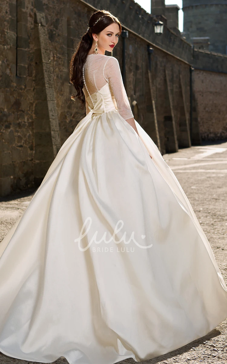 Satin Ball Gown Wedding Dress with Illusion Sleeves Ruching and Beading