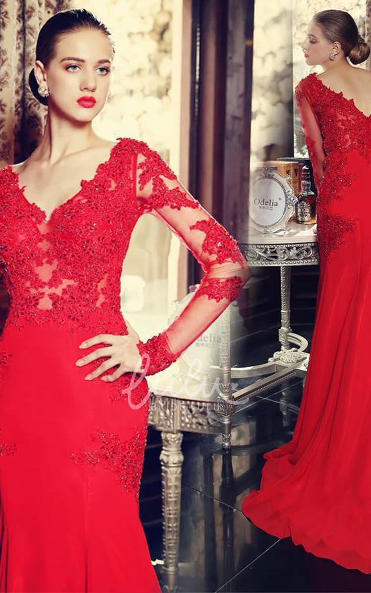 Red Long Sleeve Mermaid Prom Dress with Lace Appliques and Sweep Train