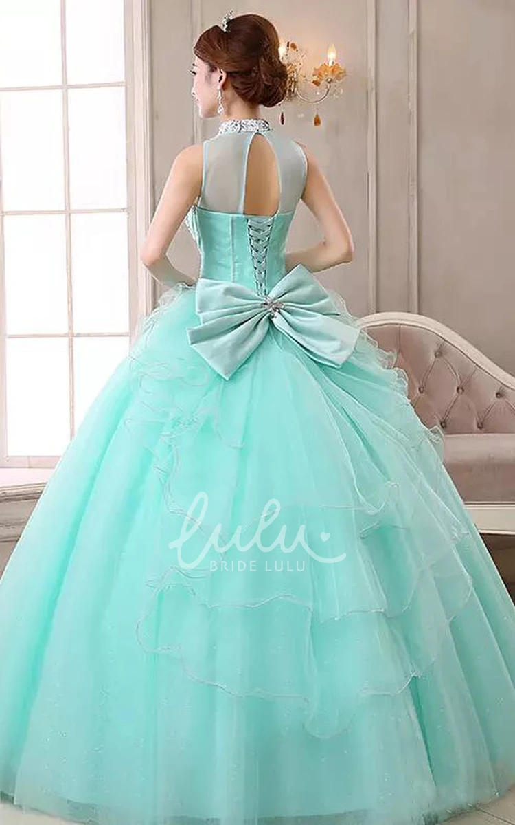 Ball Gown Organza Tulle Prom Dress with Beading and Ruffles Sleeveless and High Neck