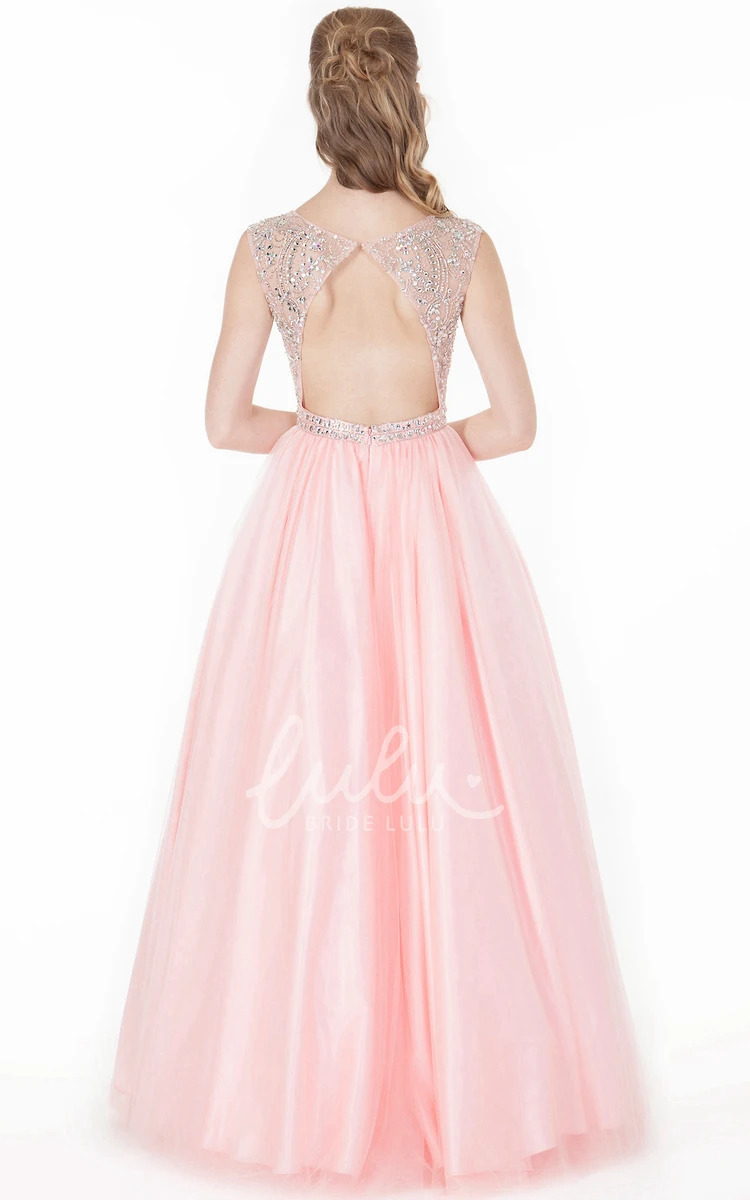 Beaded A-Line Tulle&Satin Prom Dress with Scoop-Neck Floor-Length