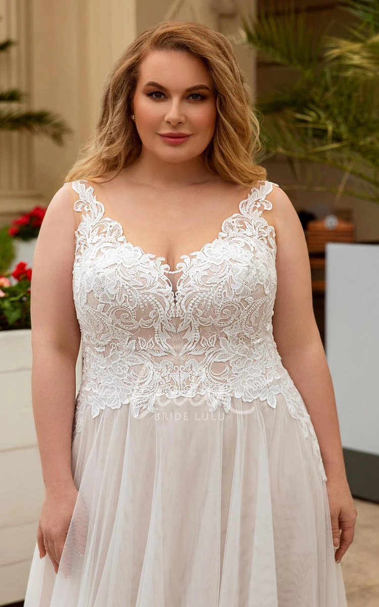 A-line Plus Size Sleeveless Lace Tulle Floor-Length   Back Hollowed Out With Lining Wedding Dress