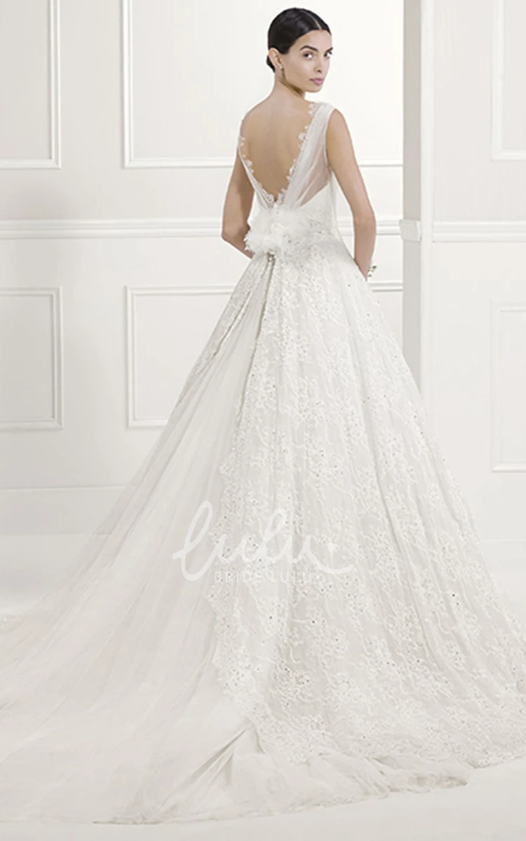 Lace V-Neck A-Line Bridal Gown with Back Flower Wedding Dress