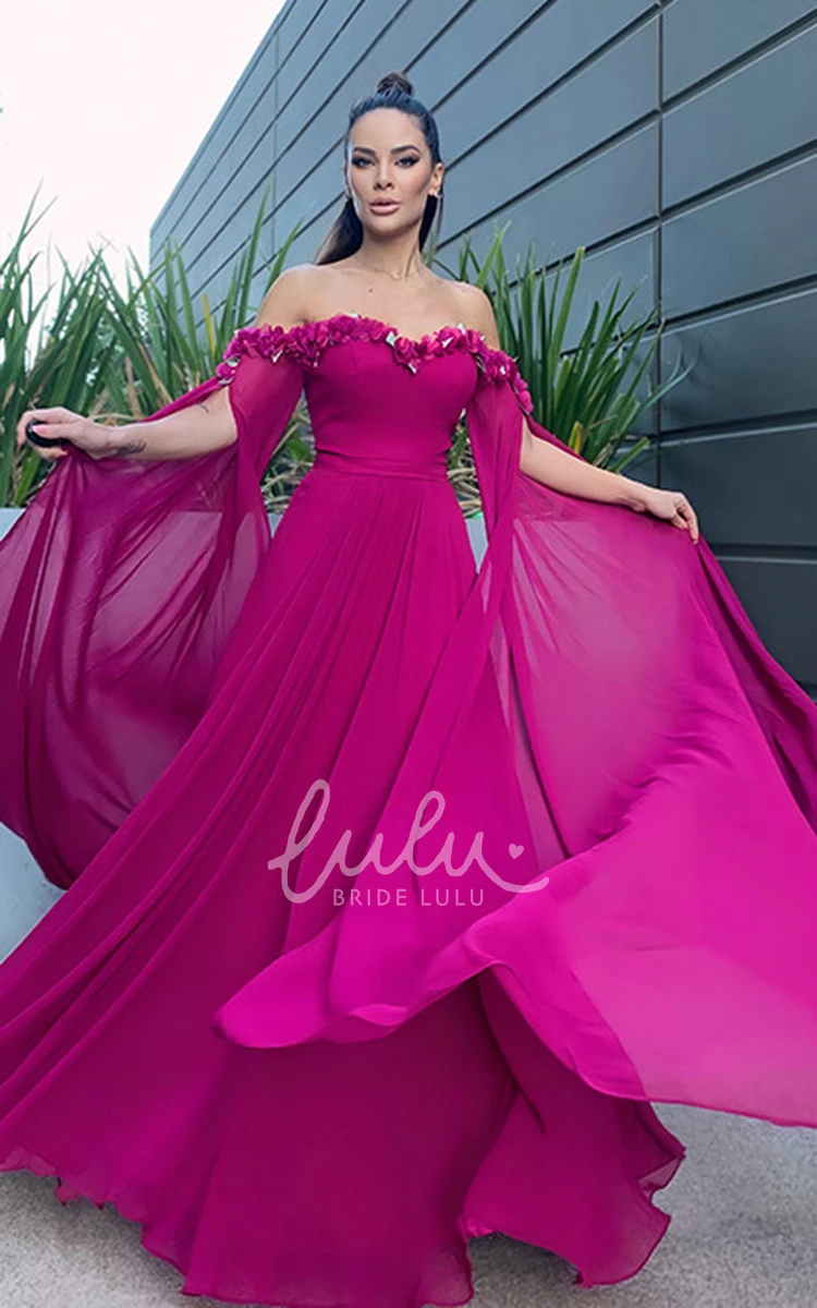 Chiffon Off-Shoulder Romantic Beach Prom Dress with Flowers and Open Back Women 2024 Elegant