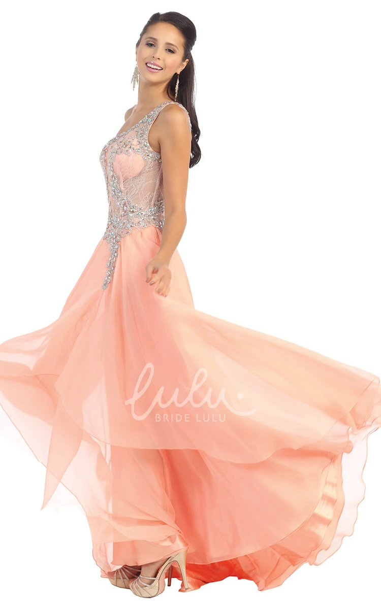 Elegant A-Line Chiffon Illusion Prom Dress with Beading and Draping