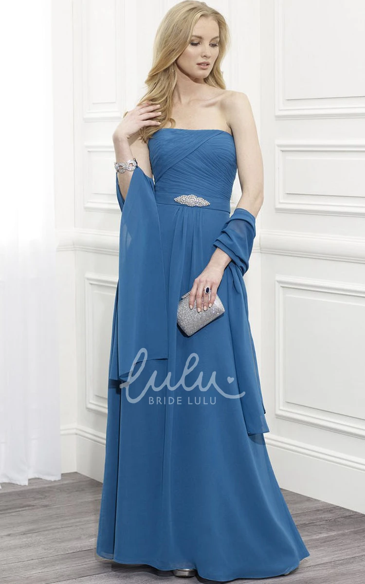 Strapless Ruched Chiffon Mother Of The Bride Dress with Waist Jewellery and Cape Modern Bridesmaid Dress