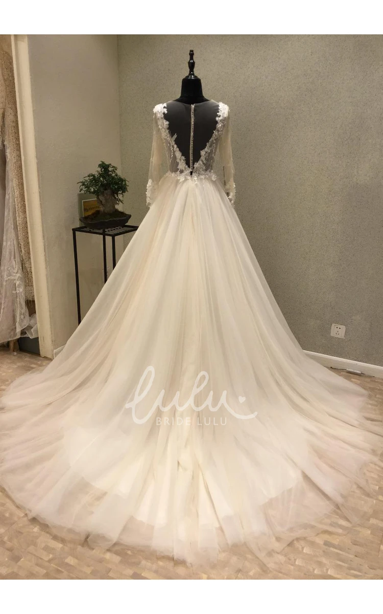 Sexy A-Line Bridal Veil with Illusion Long Sleeves and Fancy Appliques