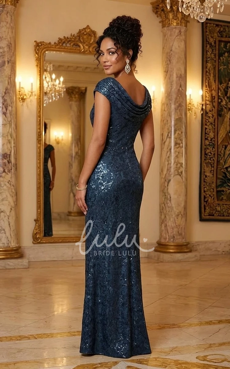 Elegant Mother of the Bride Dress Mermaid Jacquard Cap Sleeve Boat Neck Draped Neckline Long Evening Gown