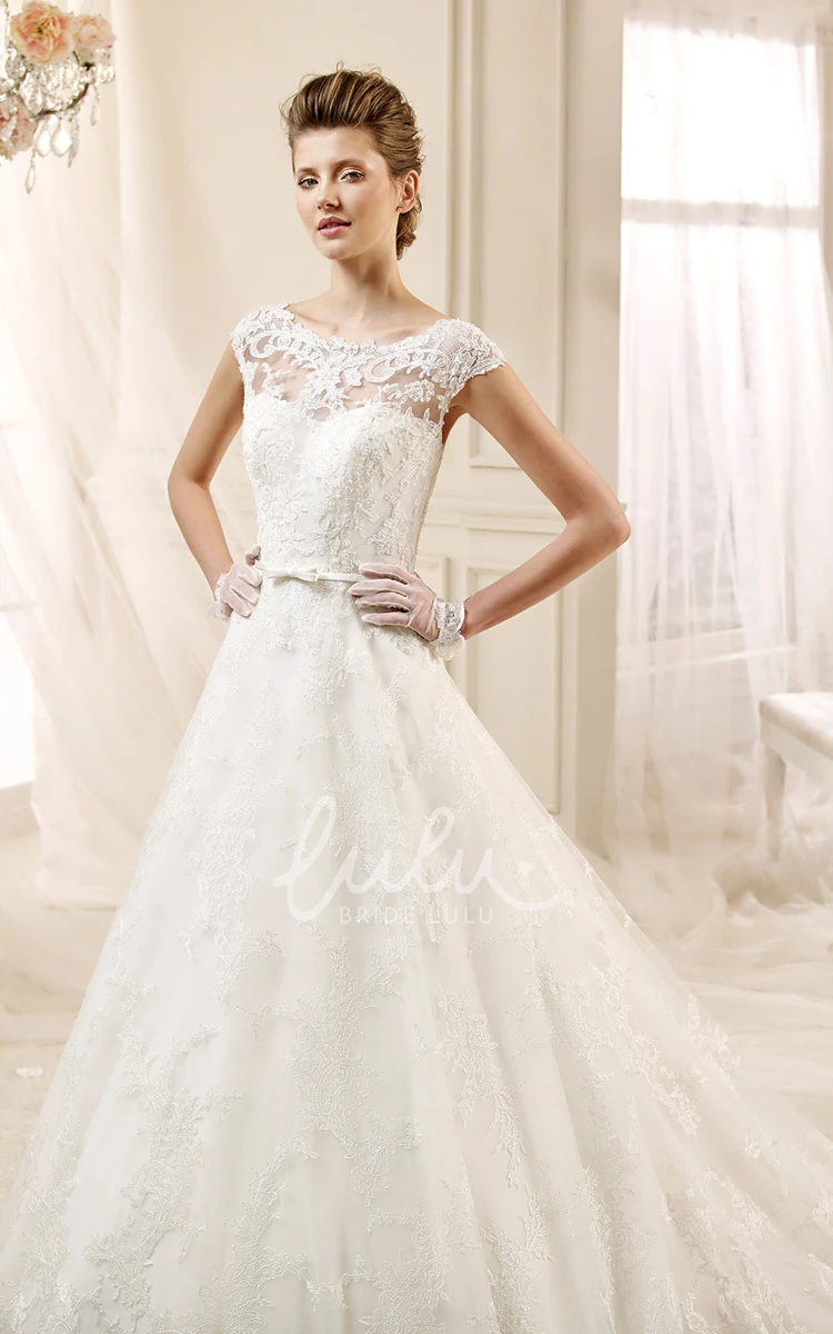 A-line Lace Wedding Gown with Cap Sleeves Appliques and Jewel Neckline