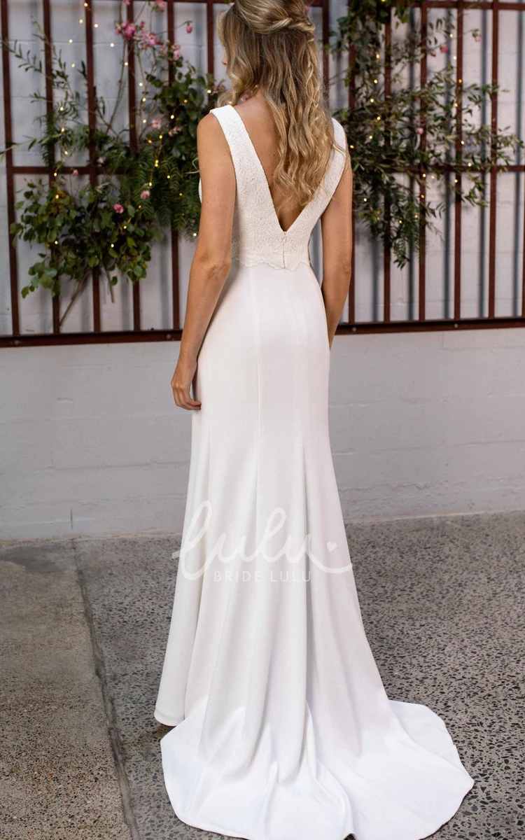 Satin Lace Sheath Wedding Dress with Sweep Train Simple and Sleeveless