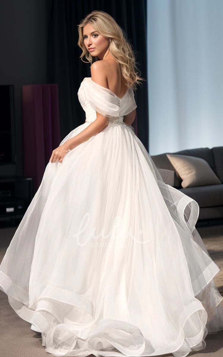 Simple Modest A-Line Off-the-Shoulder Tulle Wedding Dress Ethereal Casual Tulle Pearl Button Back Bridal Gown