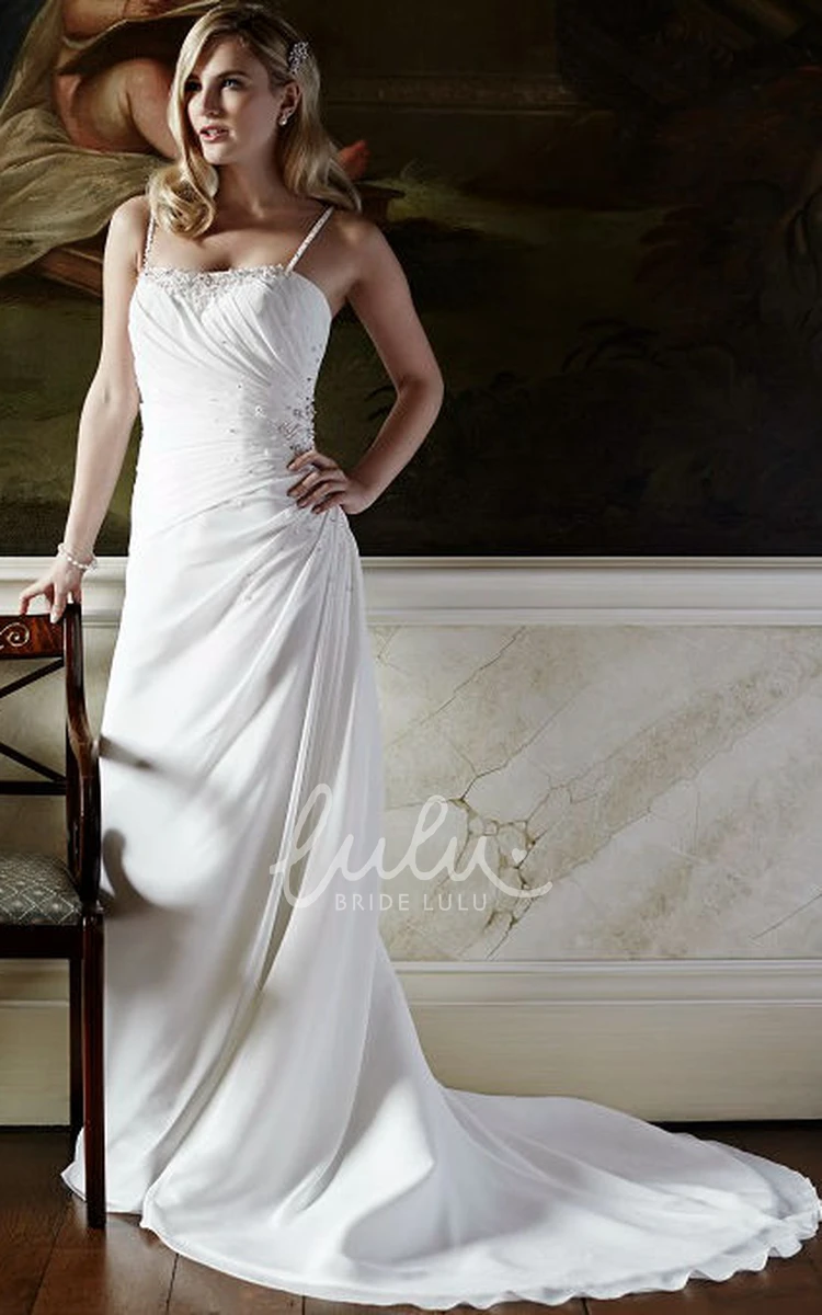 Spaghetti Strap Chiffon Wedding Dress with Side Draping and Court Train