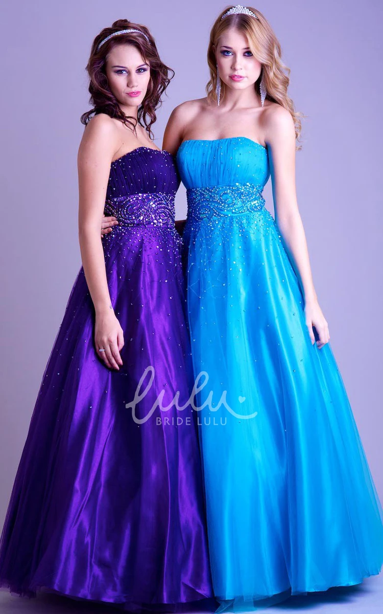 A-Line Ruched Tulle & Satin Prom Dress Long & Strapless