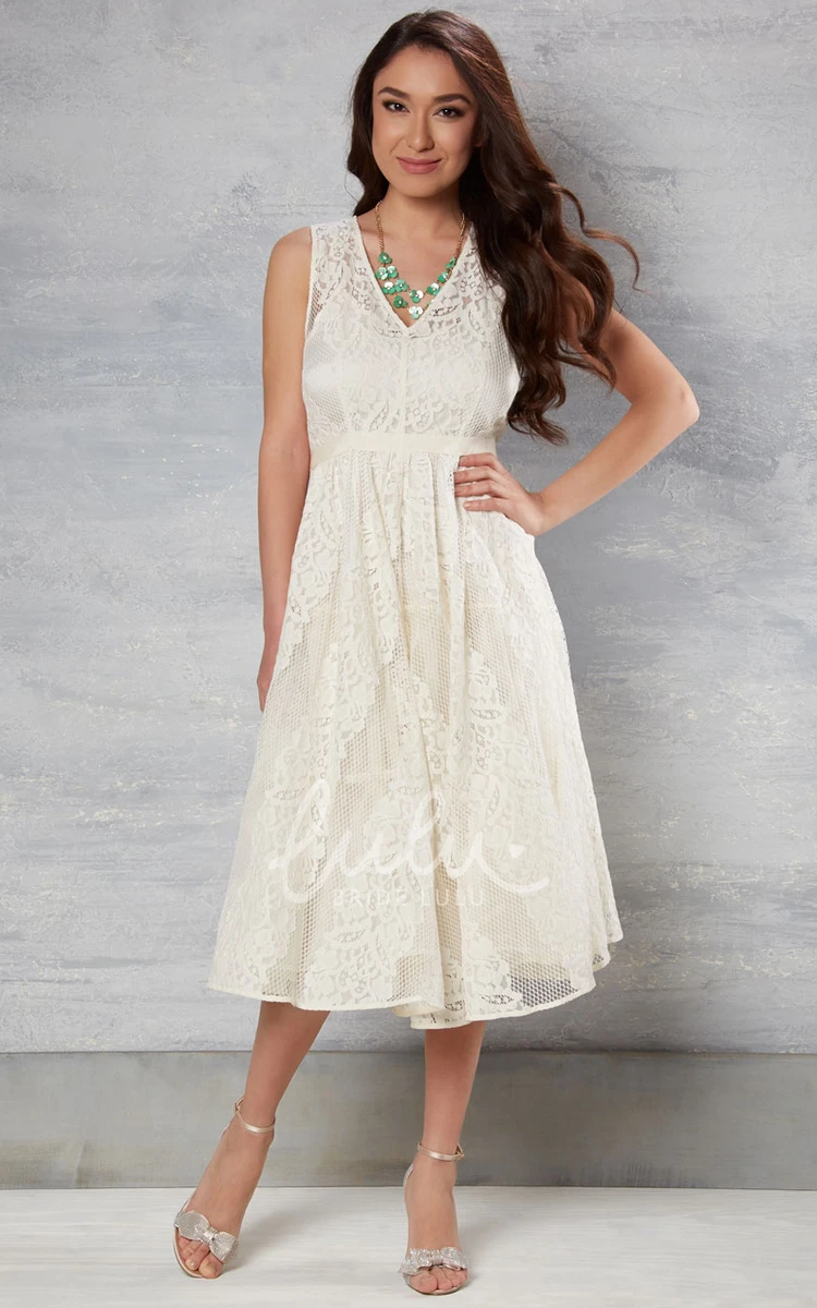 Illusion Back Lace Wedding Dress Sleeveless Tea-Length Modern