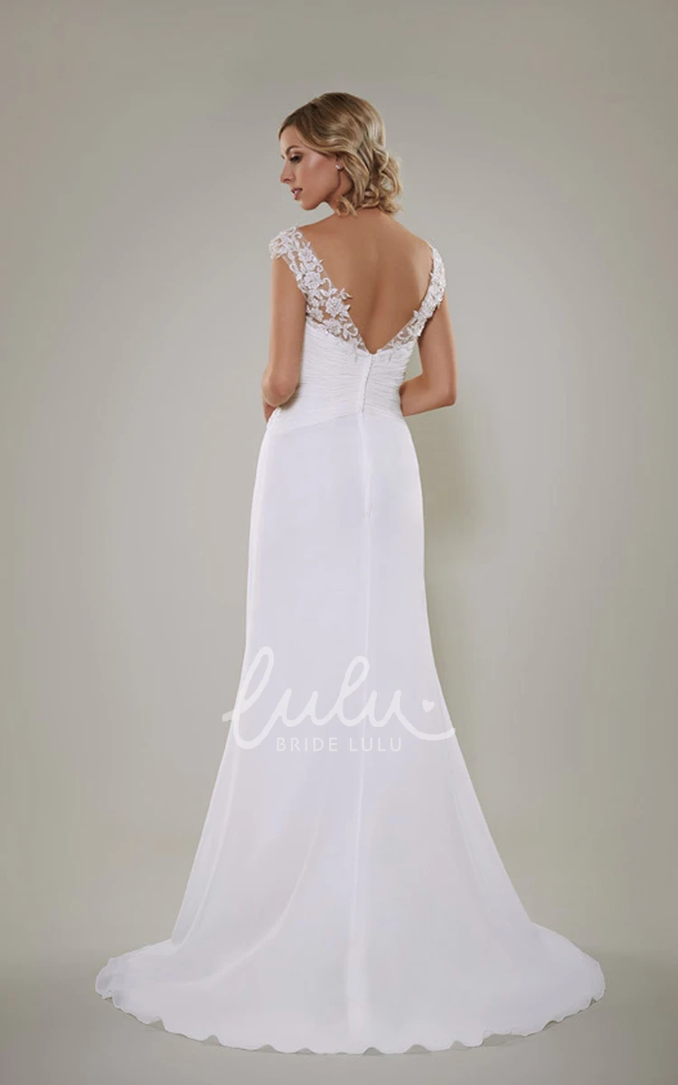 Lace Chiffon Sheath Wedding Dress with V-Neck and Draping