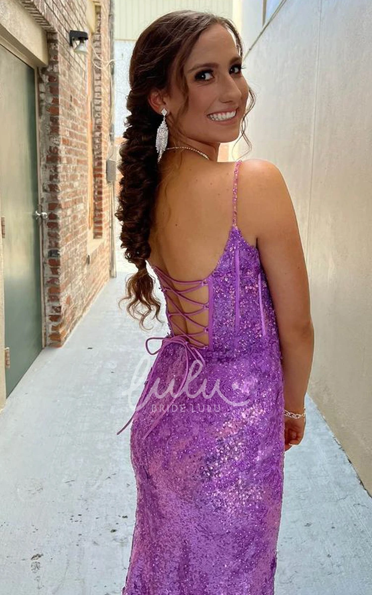 Sexy Spaghetti Sheath Sequins Dress with Open Back and Sweep Train