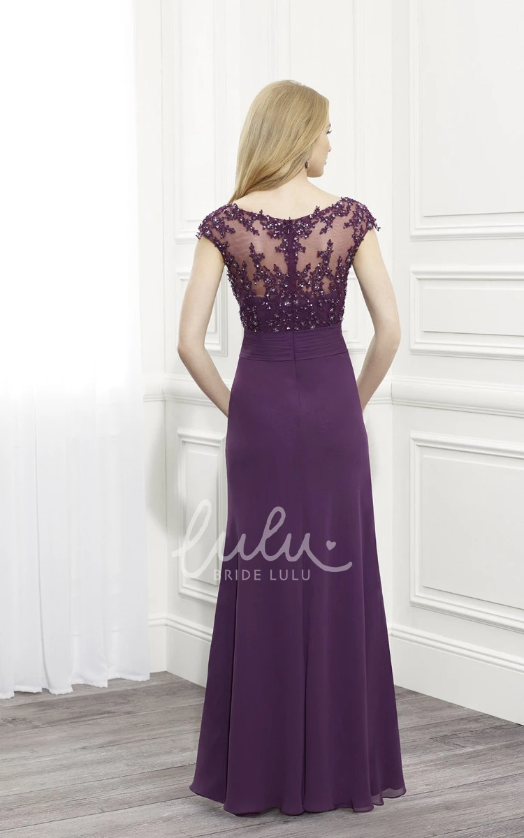 Chiffon V-Neck Cap Sleeve Dress with Beading and Illusion Back for Formal Functions