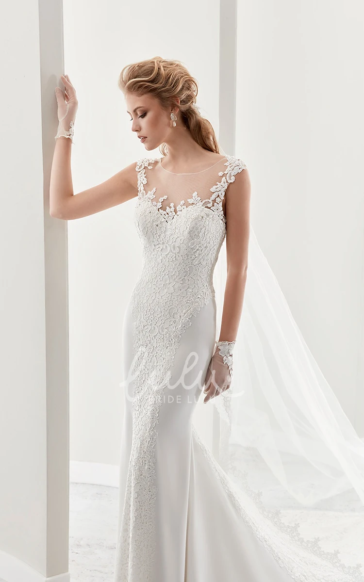 Low-V Back Sheath Wedding Dress with Illusion Cap Sleeves and Delicate Details