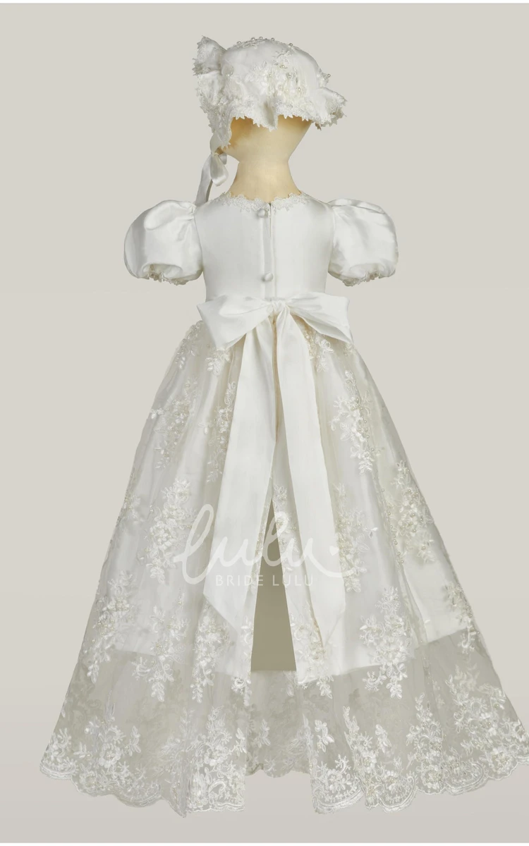 Lace Applique Puff Sleeve Christening Dress Elegant Baptism Gown