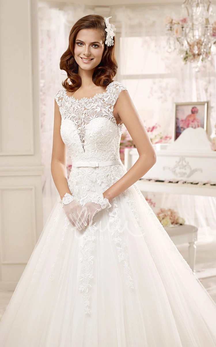 Illusive Lace Cap-sleeve Wedding Dress with Brush Train Scalloped Neck and Timeless