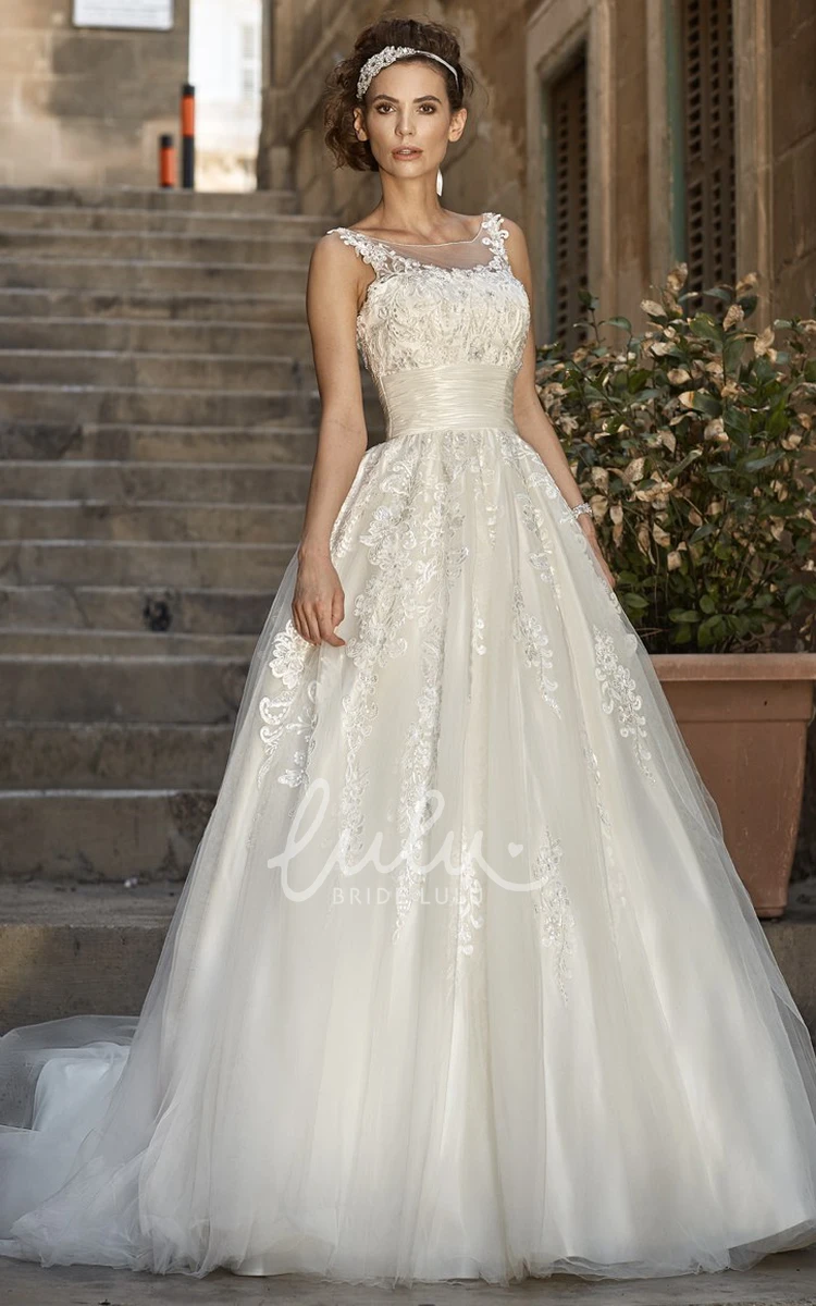Floor-Length Sleeveless A-Line Wedding Dress with Tulle&Lace and Appliques
