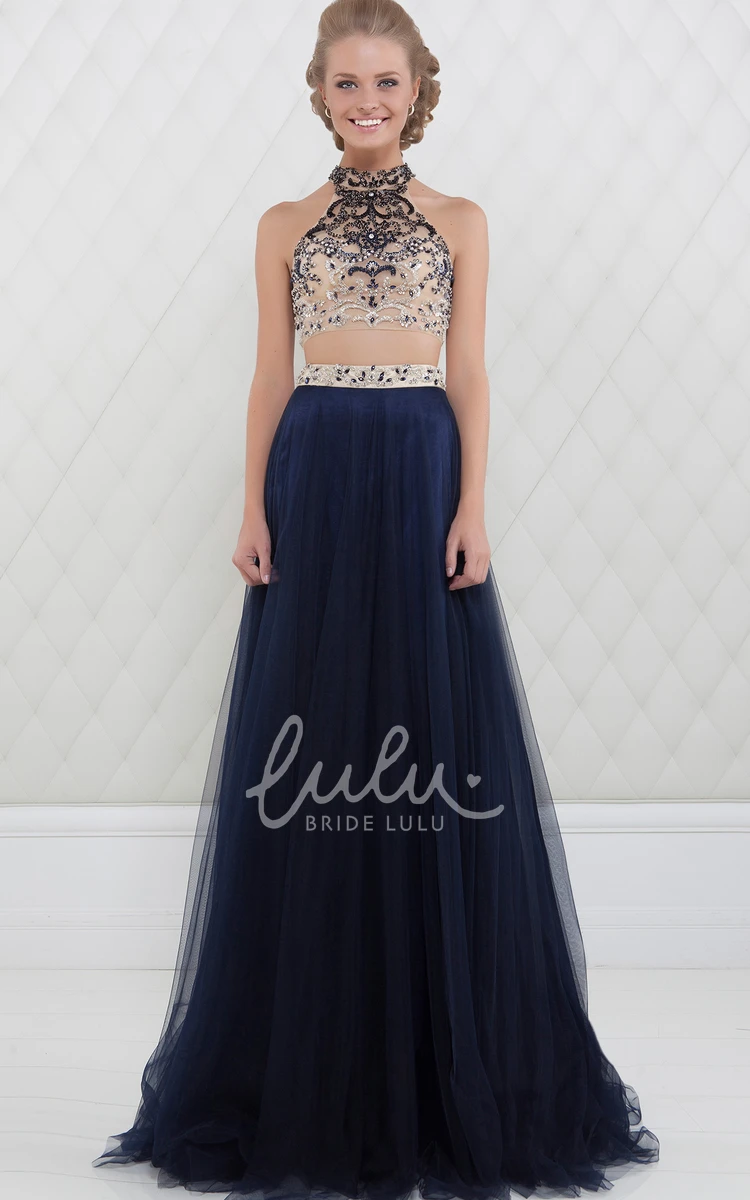 Maxi Tulle Prom Dress with High-Neck Beaded Sleeveless A-Line and Elegant Waist Jewellery