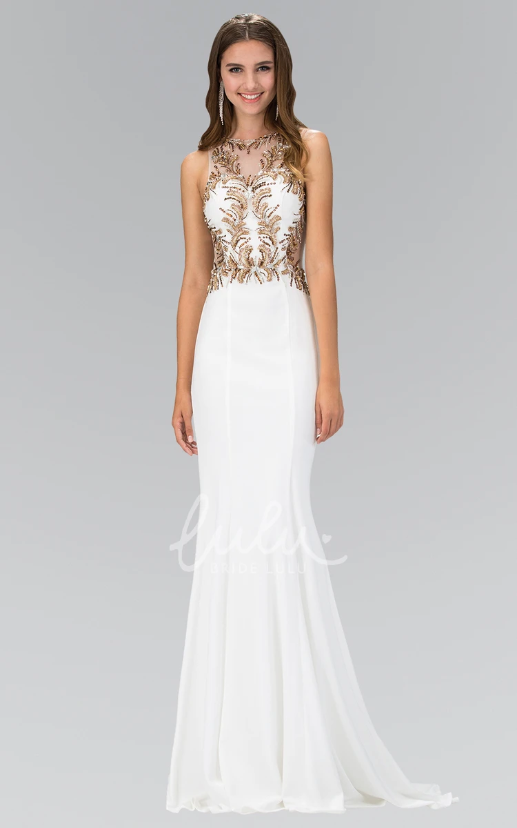 Sleeveless Sheath Bridesmaid Dress with Jewel-Neck and Beaded Jersey Illusion
