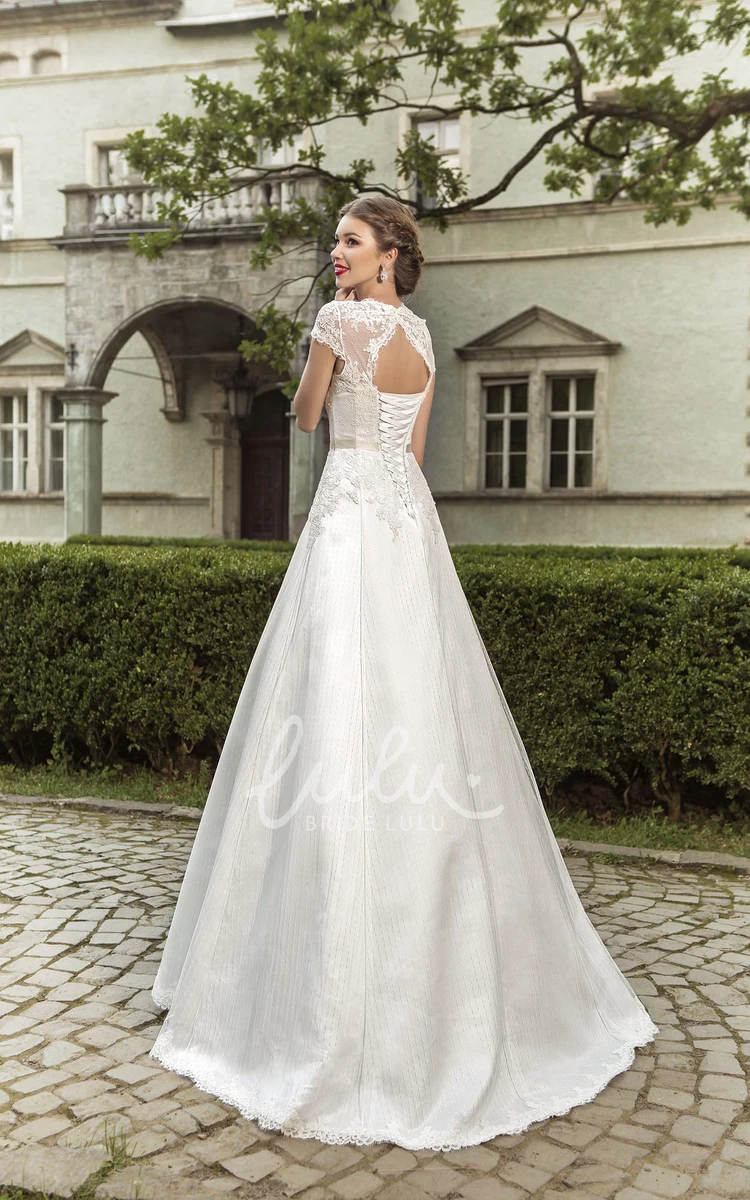 Applique Keyhole Back Wedding Dress with Bow and Queen Anna Neckline