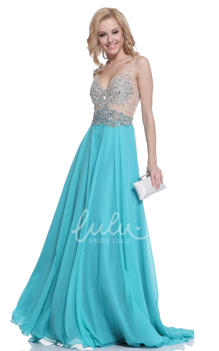 Chiffon A-Line Dress with Pleats Beading and Deep-V Back for Formal Events