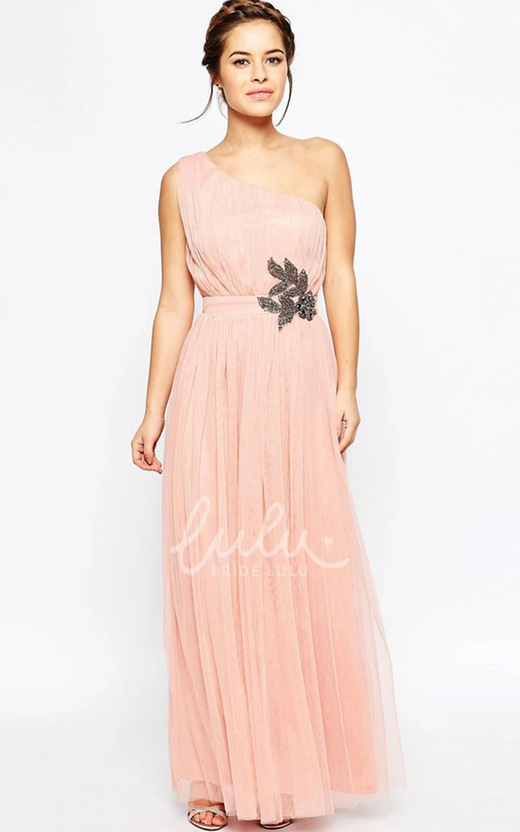 Crystal Tulle One-Shoulder Bridesmaid Dress Sleeveless