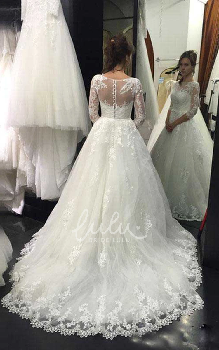 Bateau A-Line Lace Tulle Wedding Dress with Button Detail