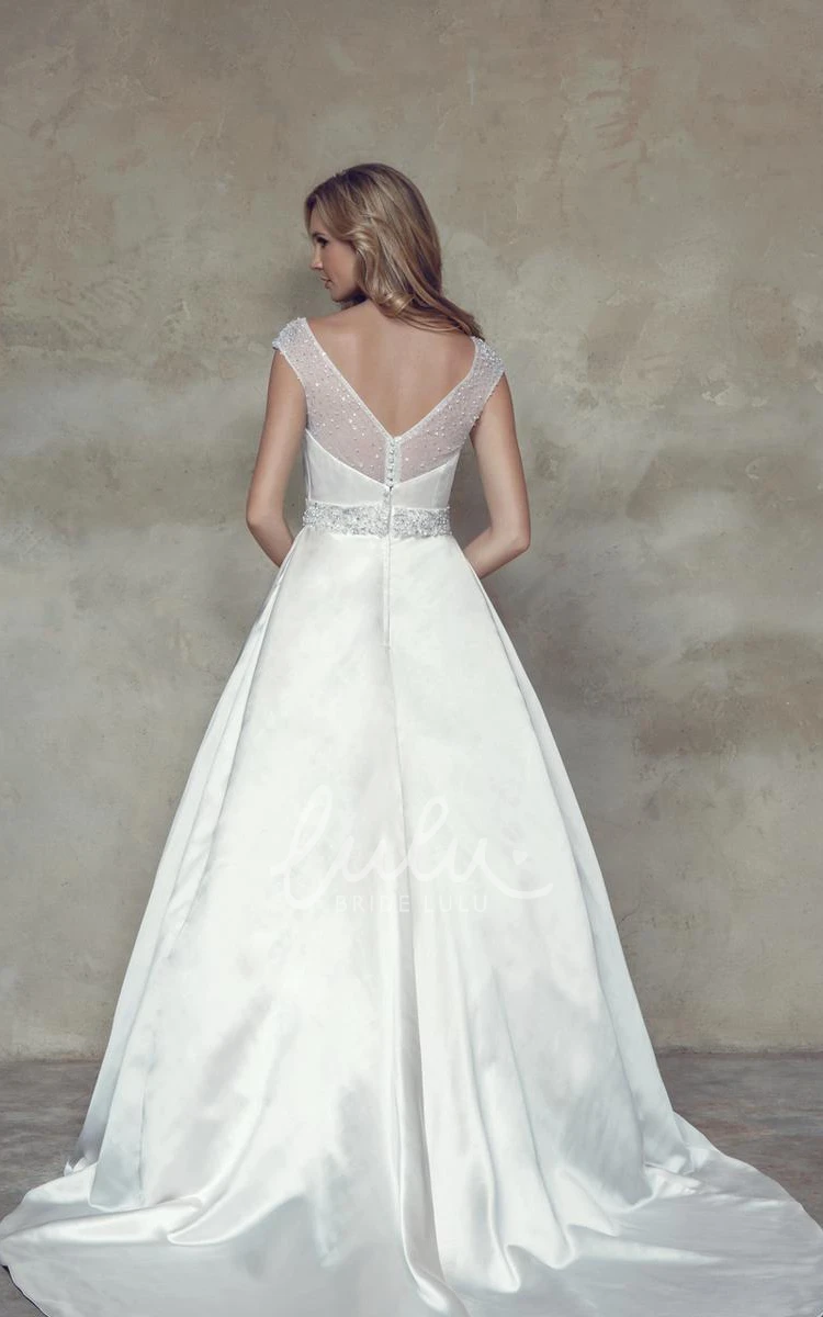 Satin Jeweled Cap-Sleeve Wedding Dress with Beading and V Back A-Line Maxi Style