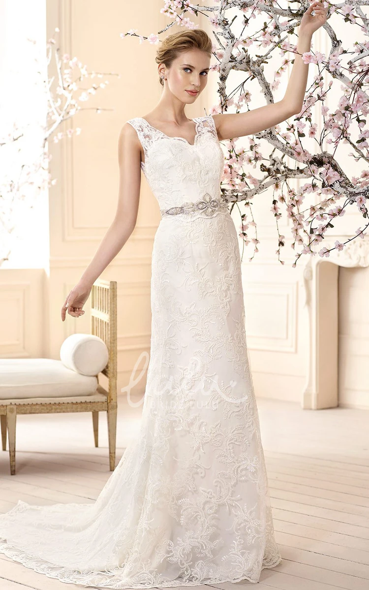 Sheath Lace Wedding Dress with V-Neck and Waist Jewelry Unique Bridal Gown