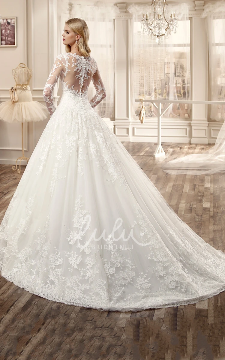 A-Line Wedding Dress with Brush Train and Appliques Classic Bridal Gown