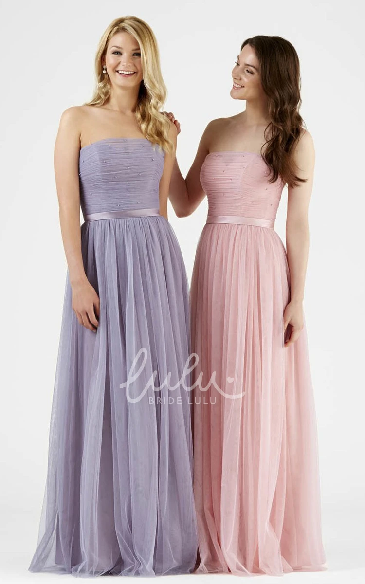 Strapless Tulle Bridesmaid Dress with Ruched Design Beading and Ribbon Accents