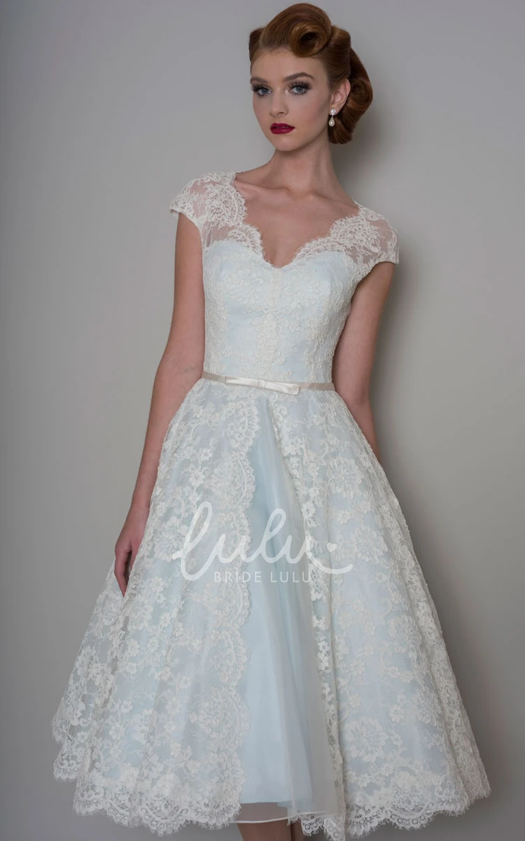Lace Cap Sleeve A-Line Knee-Length Wedding Dress with Appliques