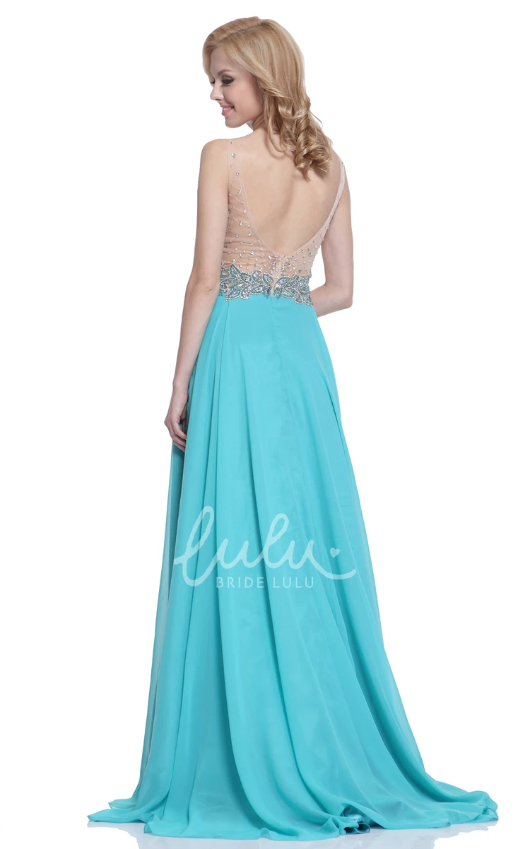 Chiffon A-Line Dress with Pleats Beading and Deep-V Back for Formal Events