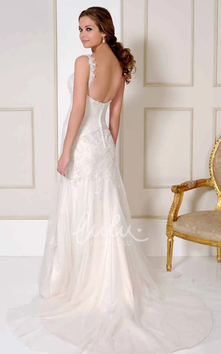 Bateau Appliqued Tulle Wedding Dress with Court Train and V-Back Beautiful Bridal Gown