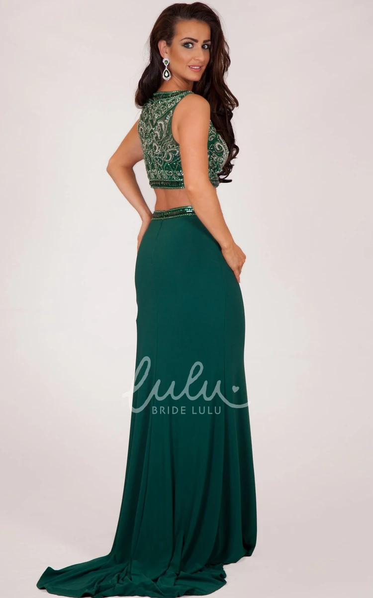 Sleeveless Beaded Scoop-Neck Jersey Prom Dress Long Sheath Style