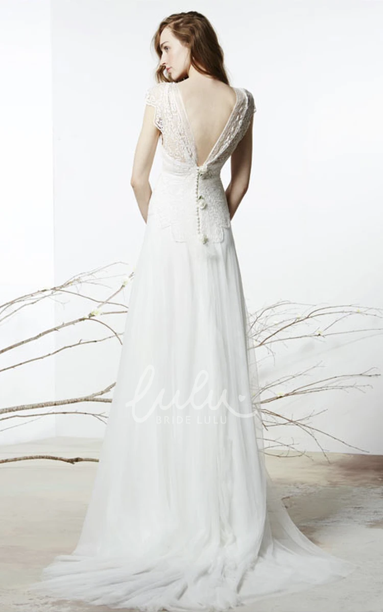 V-Neck Tulle&Lace Sheath Wedding Dress with Cap Sleeves and Flower Detail