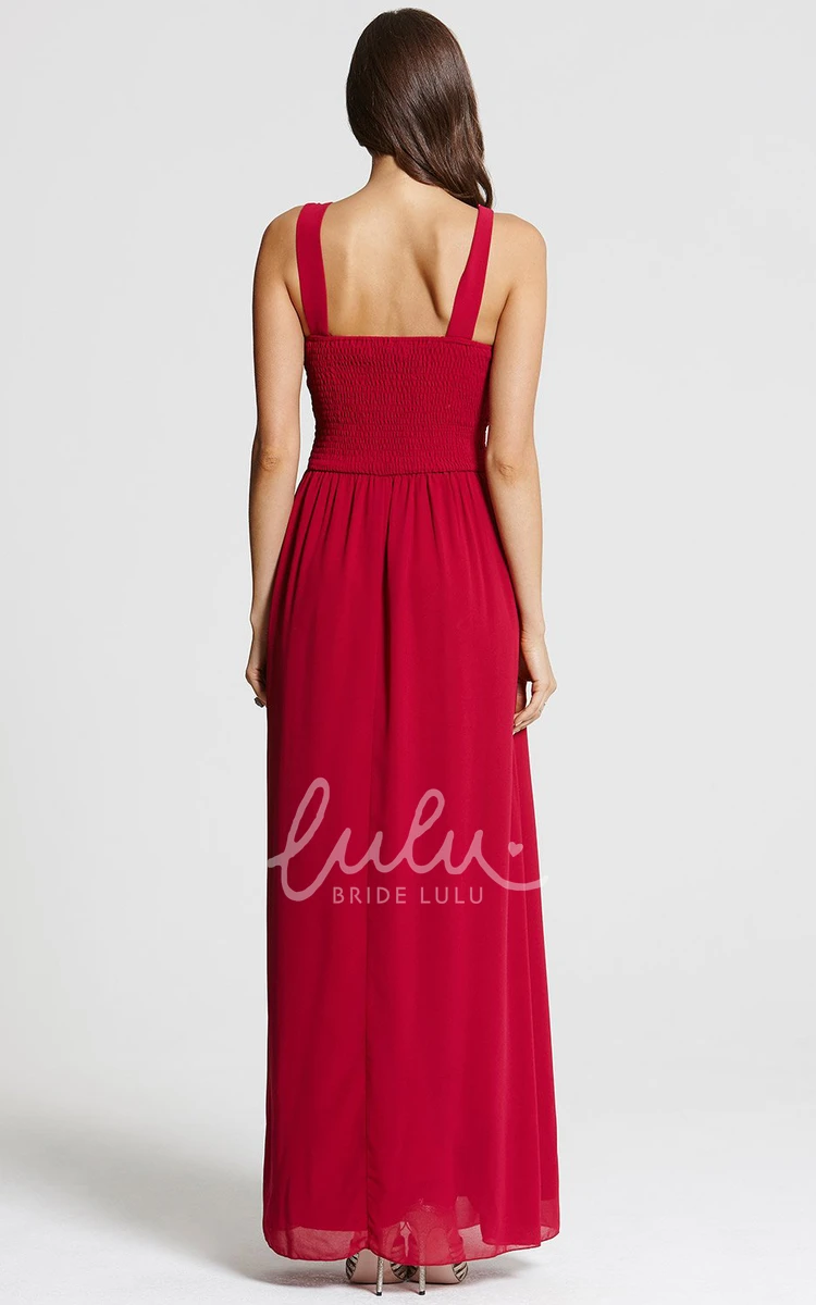 Ruched Sleeveless Chiffon Bridesmaid Dress with Beading Flowy Floor-Length Scoop Neck