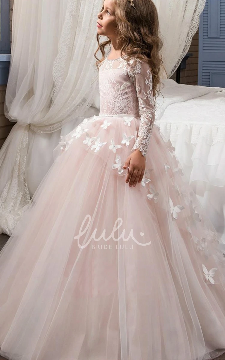 Tulle and Lace Flower Girl Dress with Bateau Neckline and Long Sleeves