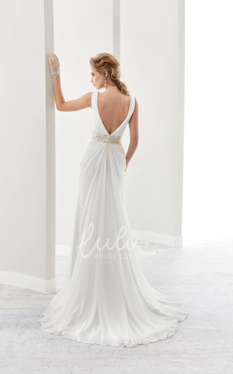 Chiffon Deep-V Wedding Dress with Draping and Open Back
