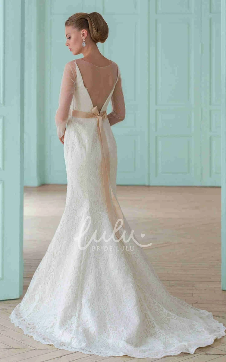 Lace Illusion-Sleeve Floor-Length Wedding Dress with Flower Elegant Sheath Style