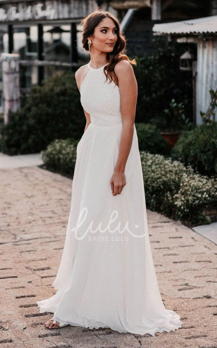 Lace Chiffon A Line Wedding Dress with Open Back Sexy and Halter