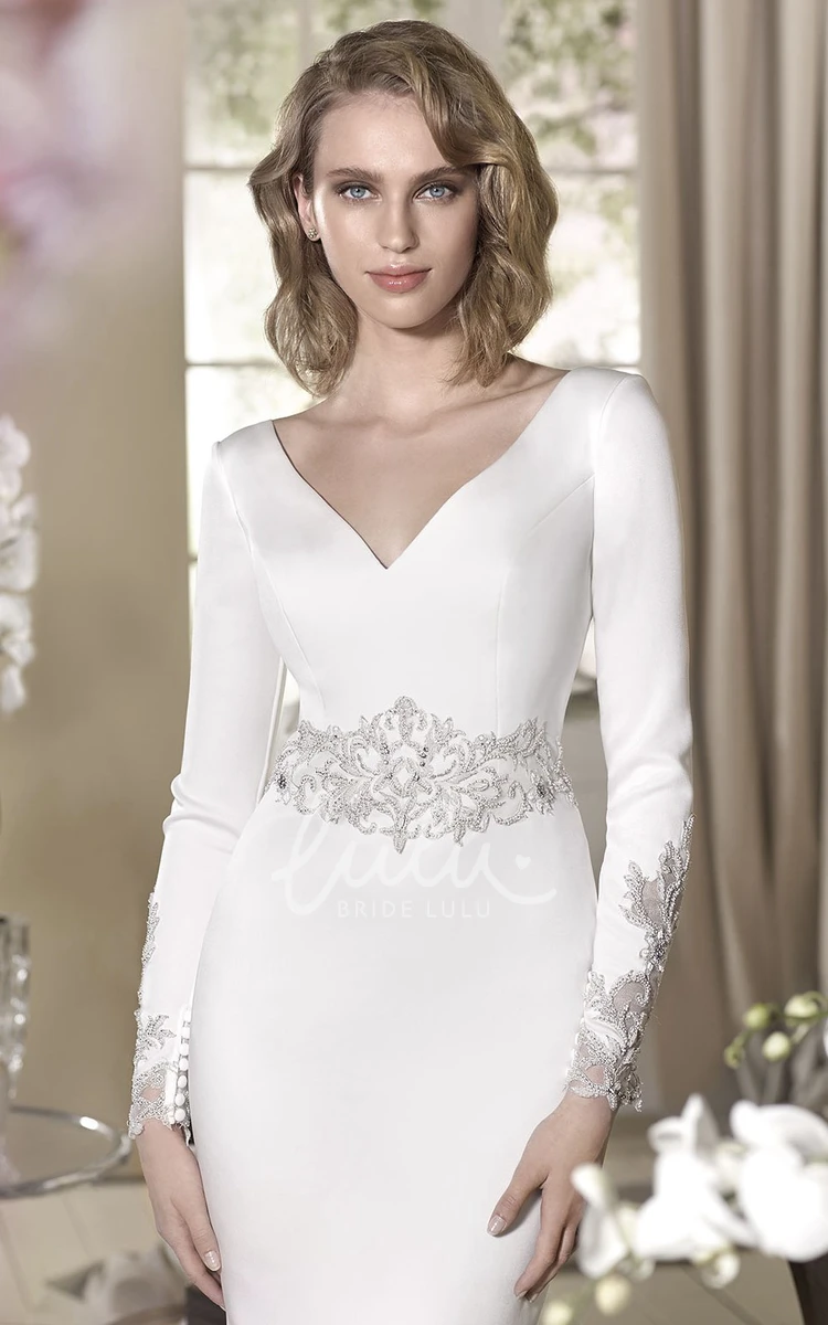 Beaded V-Neck Long-Sleeve Floor-Length Wedding Dress Sheath Style