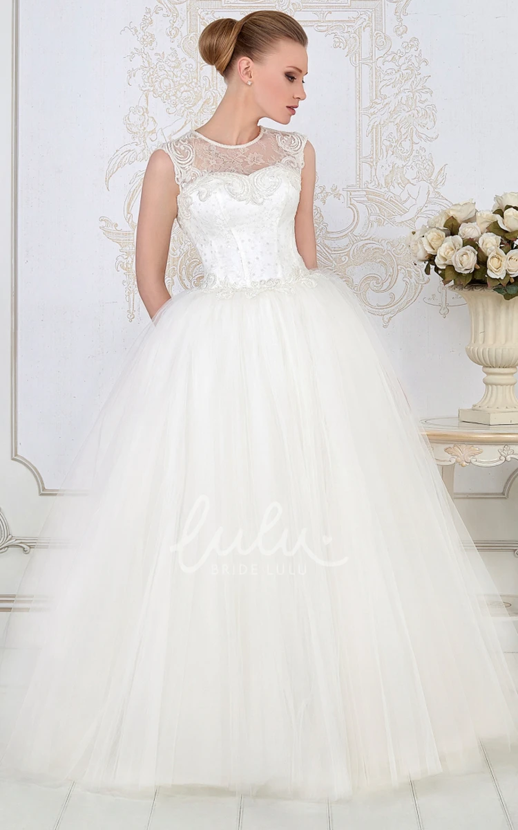 Beaded Scoop-Neck Tulle Ball Gown Wedding Dress Sleeveless and Floor-Length